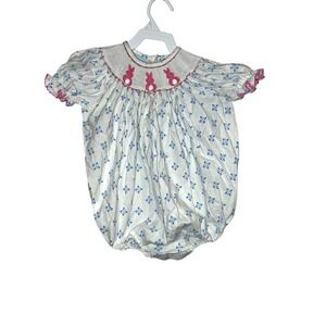 Southern Sunshine Bunny Bum Smocked Bubble Romper - White Pink  - 3